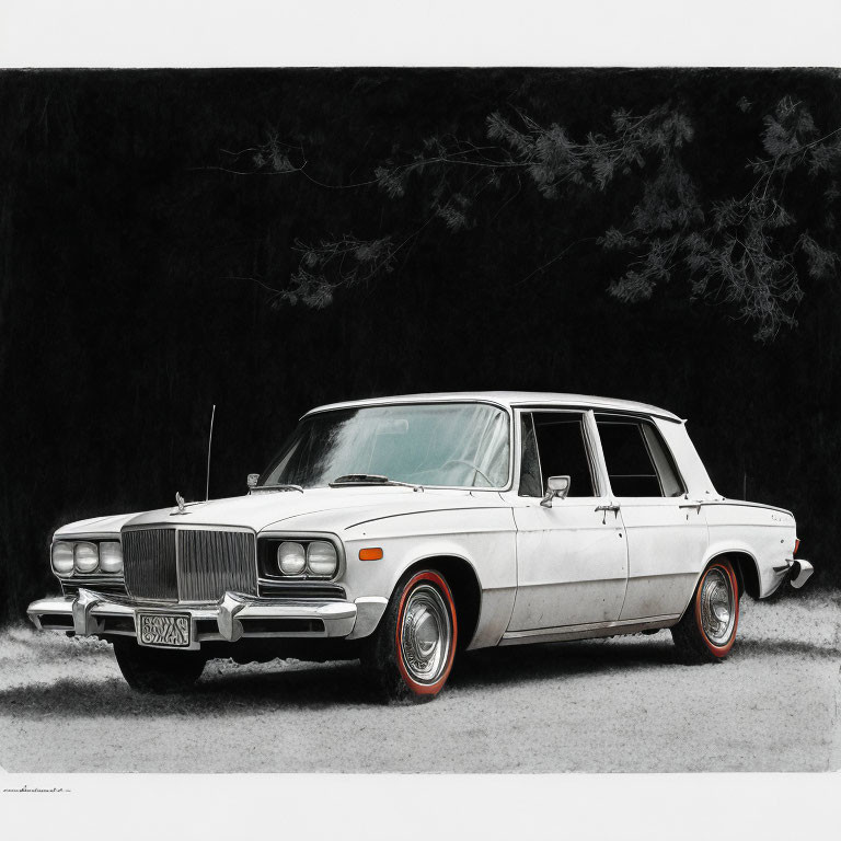 Monochrome vintage station wagon drawing with selective coloring on tires and trim
