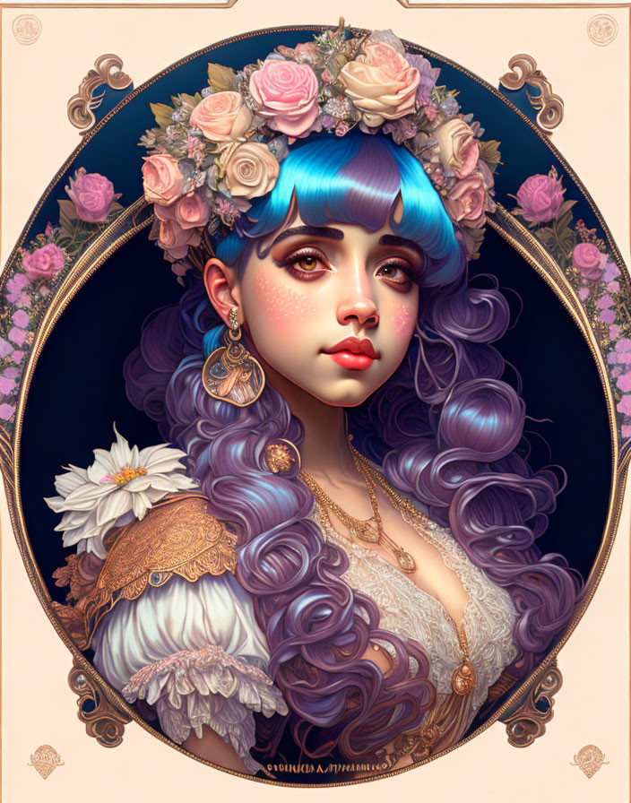 Illustrated portrait of woman with blue and purple hair, floral crown, gold jewelry, and white dress