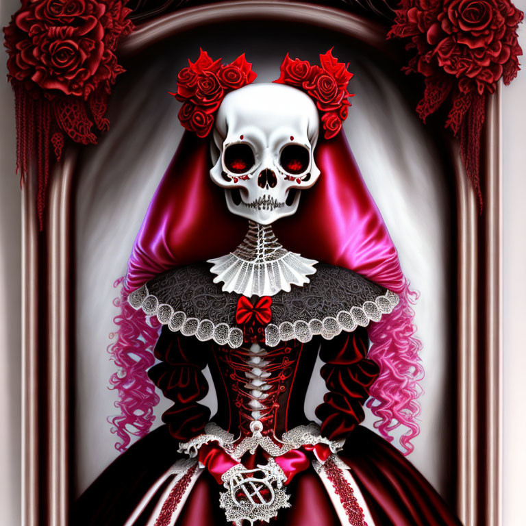 Skeleton in Gothic Dress with Rose Adornments on Flowing Background