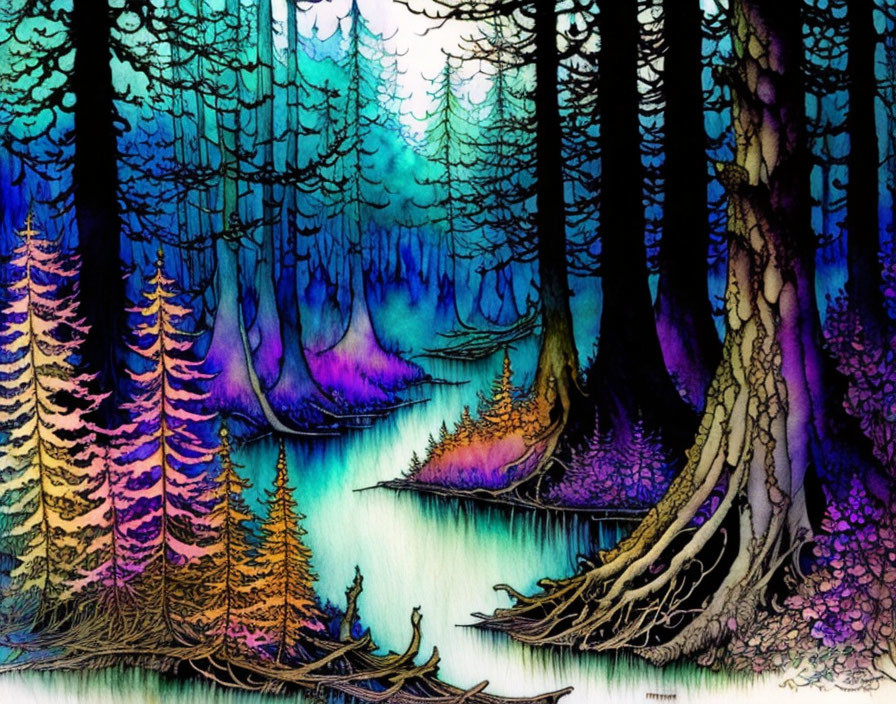 Colorful Watercolor Forest with Vibrant Blue, Purple, and Golden Hues