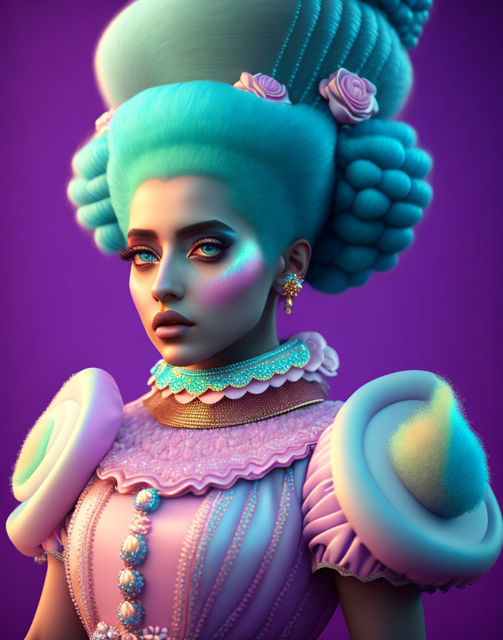 Vibrant Aqua Hair Woman in Detailed Pastel Clothing