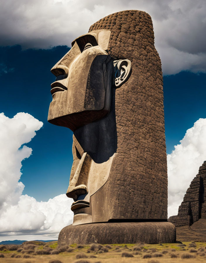 Large Moai Statue Against Cloudy Sky: Stone sculpture with prominent facial features.