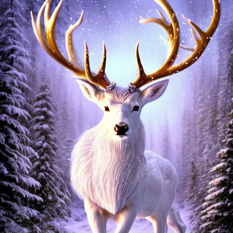 Majestic white stag with golden antlers in snowy forest
