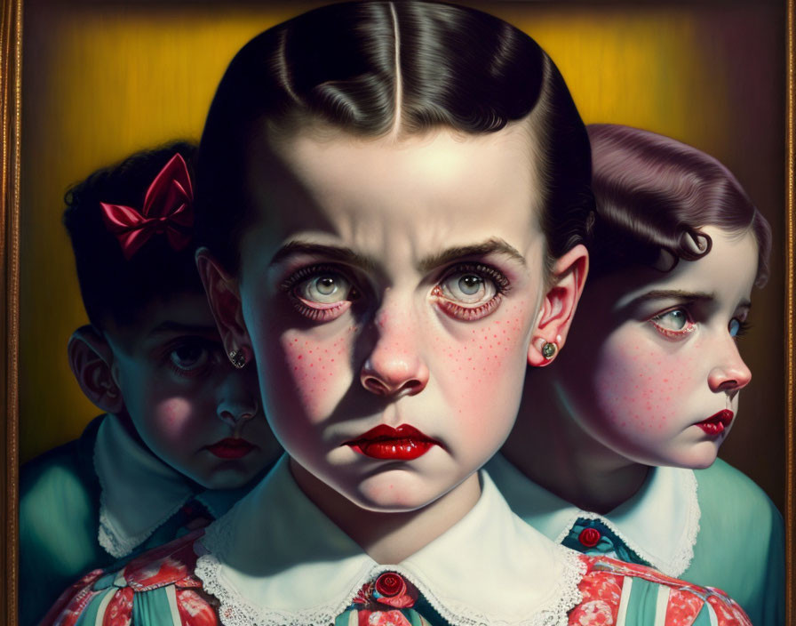 Three somber children with expressive eyes and rosy cheeks on yellow background