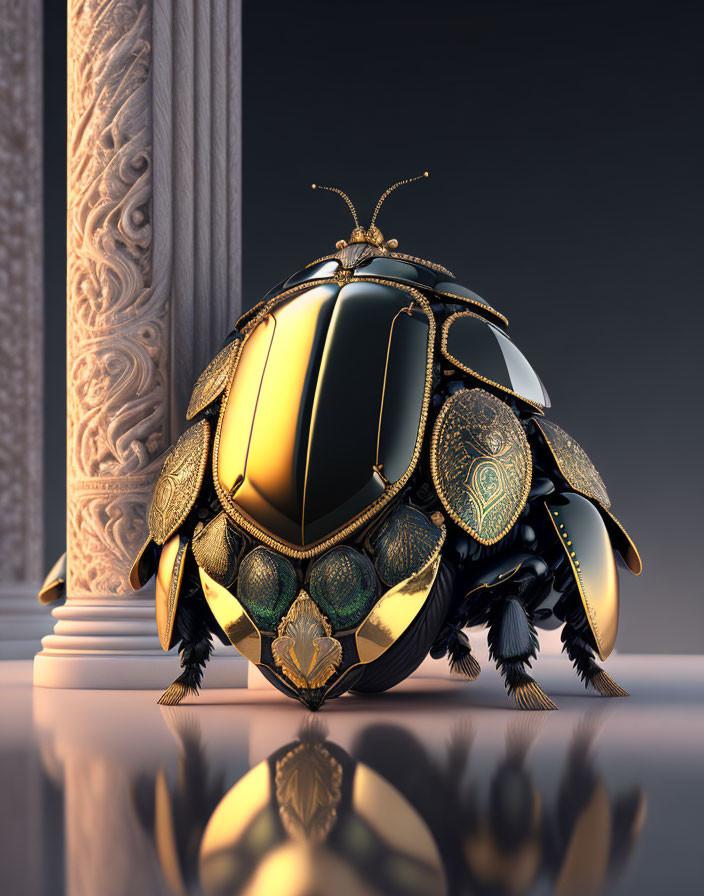 Golden Scarab Beetle Reflecting on Glossy Surface with Classical Architecture