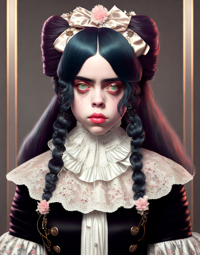 Portrait of girl with large expressive eyes, black braided hair, purple bows, lace Victorian dress.