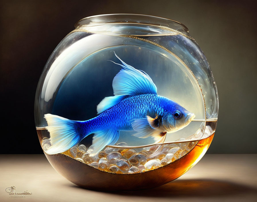 Blue and white fish in spherical fish bowl with pebbled bottom