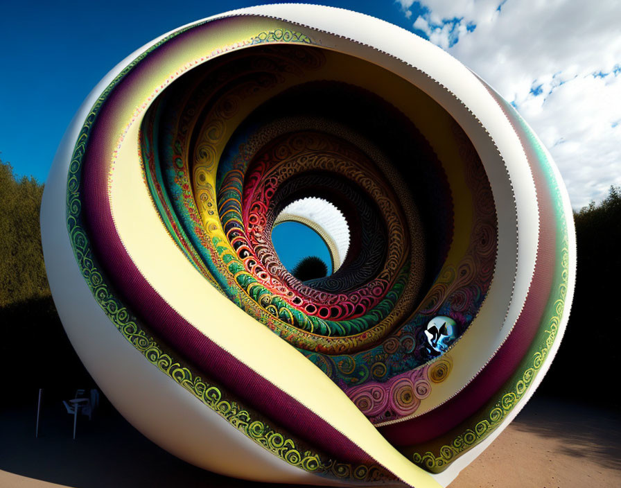 Surreal spiral sculpture with intricate patterns under blue sky