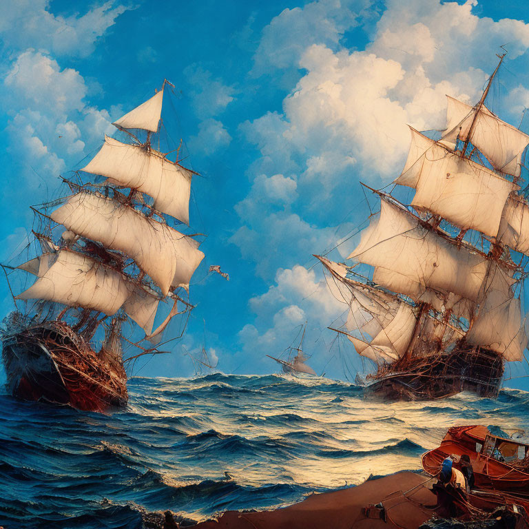 Majestic sailing ships in stormy seas with small boat and person.