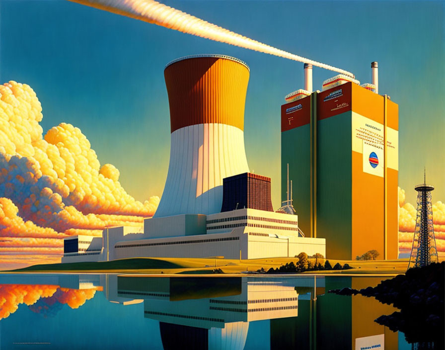 Colorful Stylized Nuclear Power Plant Illustration with Cooling Tower, Reactor Building, and Smoke