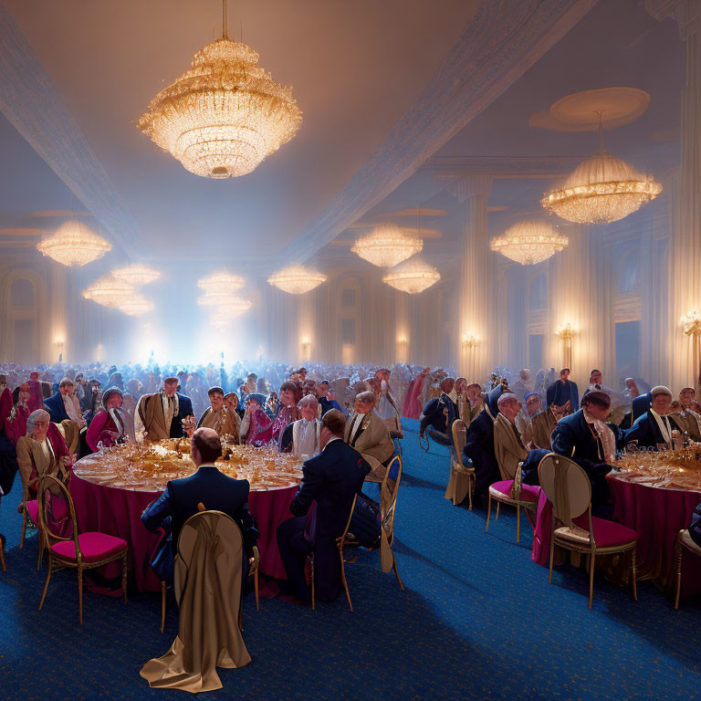 Formal banquet hall with round tables, chandeliers, and blue ambiance