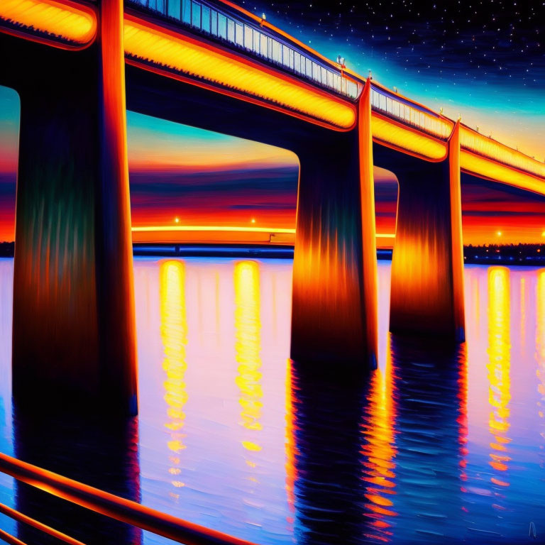 Colorful painting: Bridge at sunset with starry sky & water reflections
