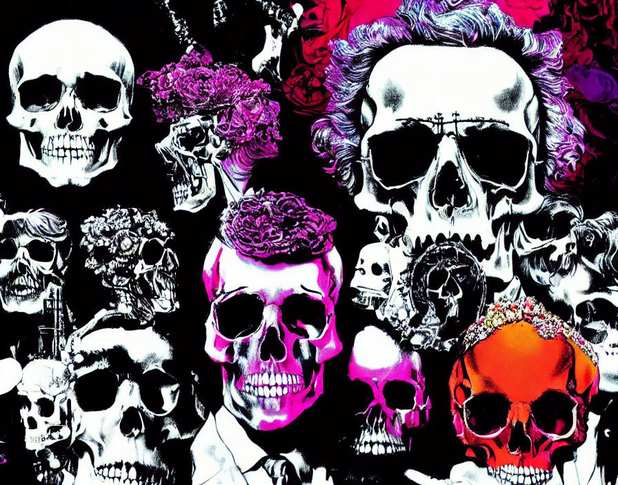 Vibrant decorated skulls on black background symbolize Day of the Dead.
