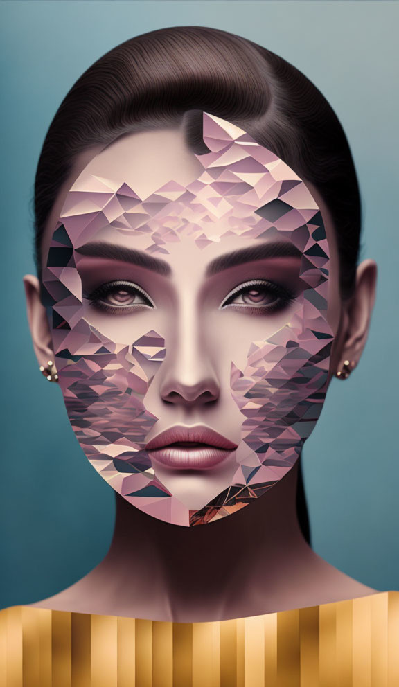 Digital artwork featuring woman's face with realistic detail on one side and geometric shapes on the other