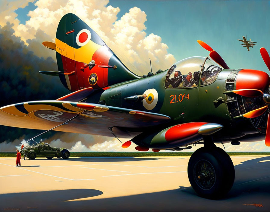 Colorful Vintage Military Aircraft and Pilot Ready for Takeoff