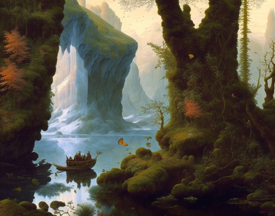 Tranquil fantasy landscape with rowboat on river, lush forests, and glacier waterfall