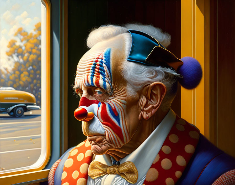 Elderly clown with sad expression by window, yellow bus & autumn trees in background