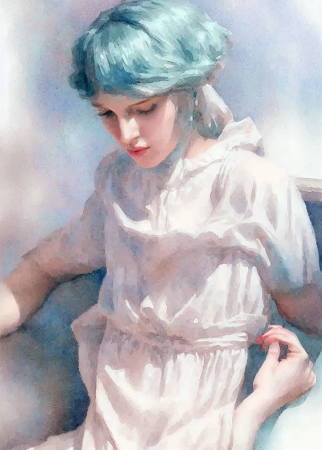 Woman in White Dress with Blue Hair: Soft Pastel Impressionistic Painting