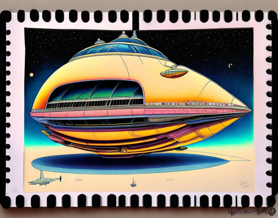 Colorful retro-futuristic spaceship with dome, surrounded by flying saucers in starry sky