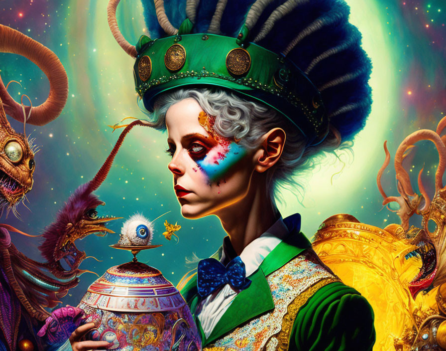 Colorful portrait with white-haired person in green attire and vibrant makeup, surrounded by surreal creatures