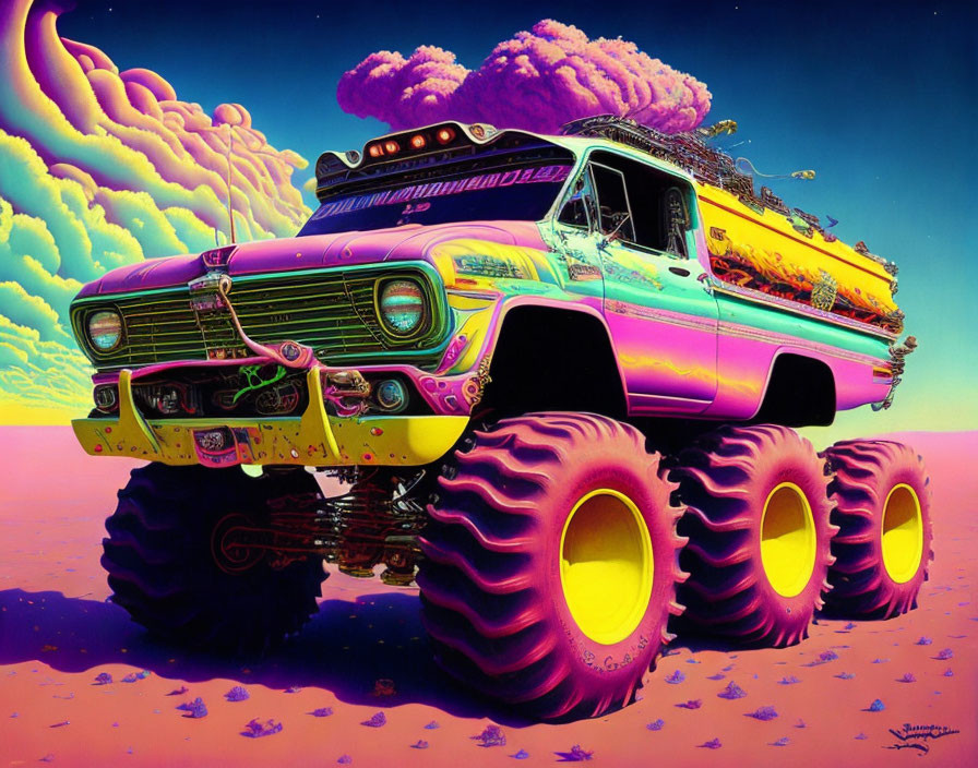 Colorful Retro-Futuristic Monster Truck Art with Pink Clouds in Neon Sky