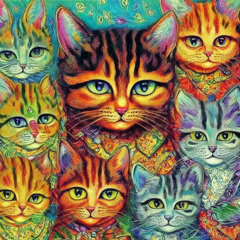 Vibrant psychedelic cat faces merging in artwork