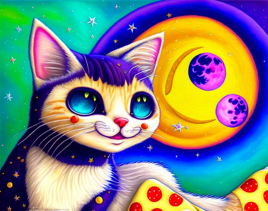 Whimsical wide-eyed cat in vibrant cosmic scene