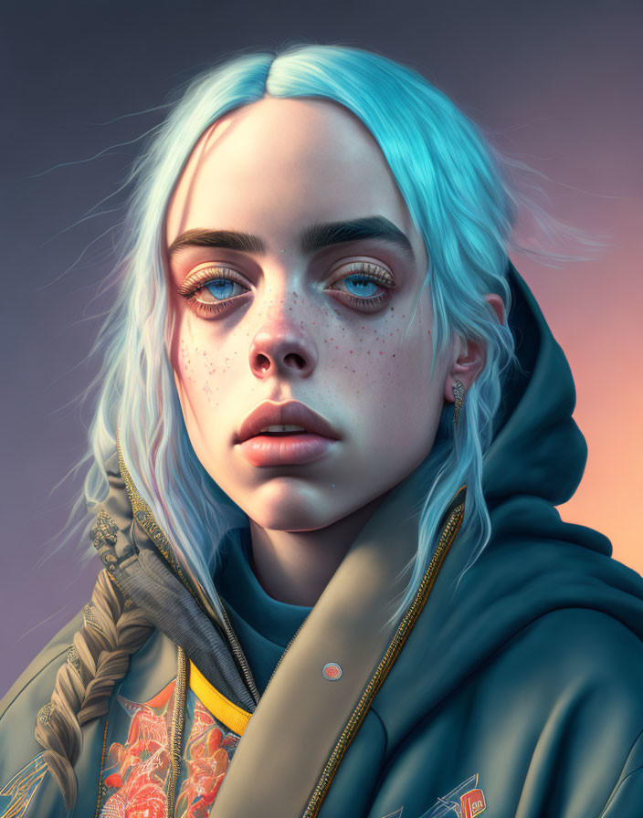 Portrait of a person with blue hair, brown eyes, freckles, hoodie, and embroidered jacket