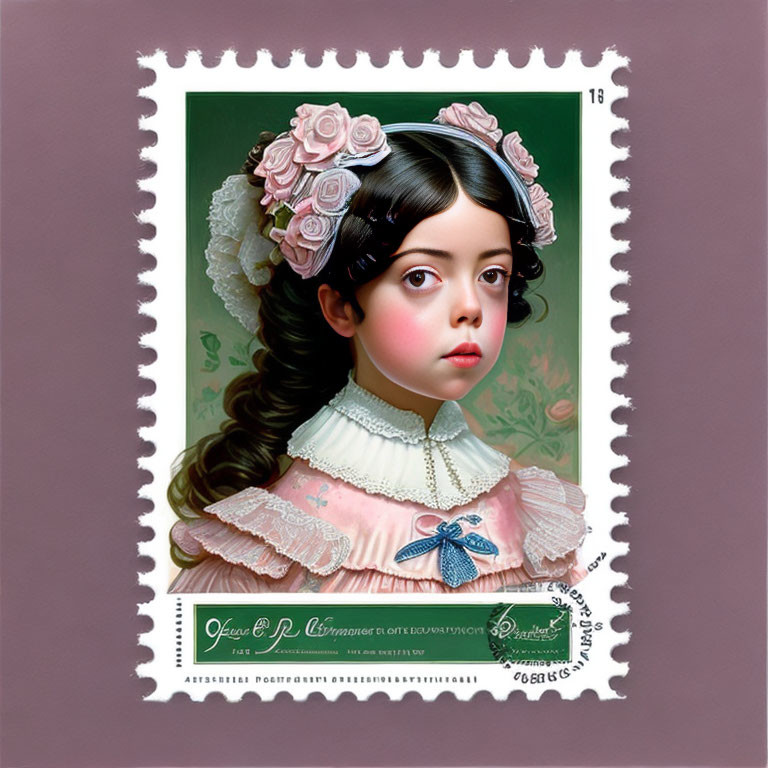 Vintage-style postage stamp illustration of young girl with dark hair and pink rose flowers, in frilly pink