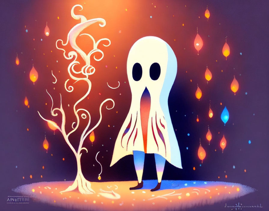 Ghostly Figure and Whimsical Tree with Colorful Lights in Dusky Setting