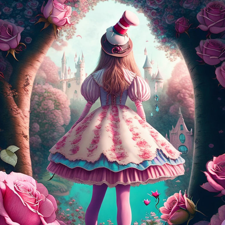 Victorian girl gazes at fantasy castle in enchanted garden