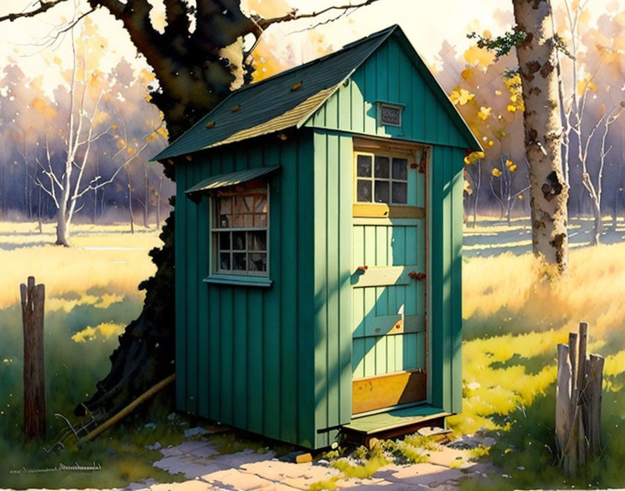 Green wooden shed with yellow door in serene setting