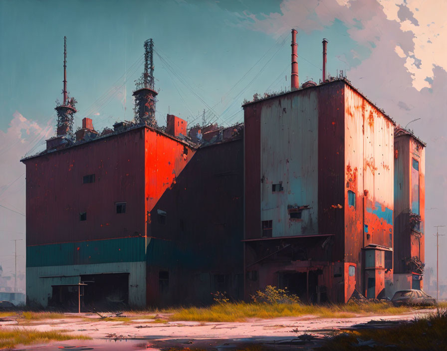 Abandoned industrial building with peeling red paint, hazy sky, overgrown vegetation, and solitary