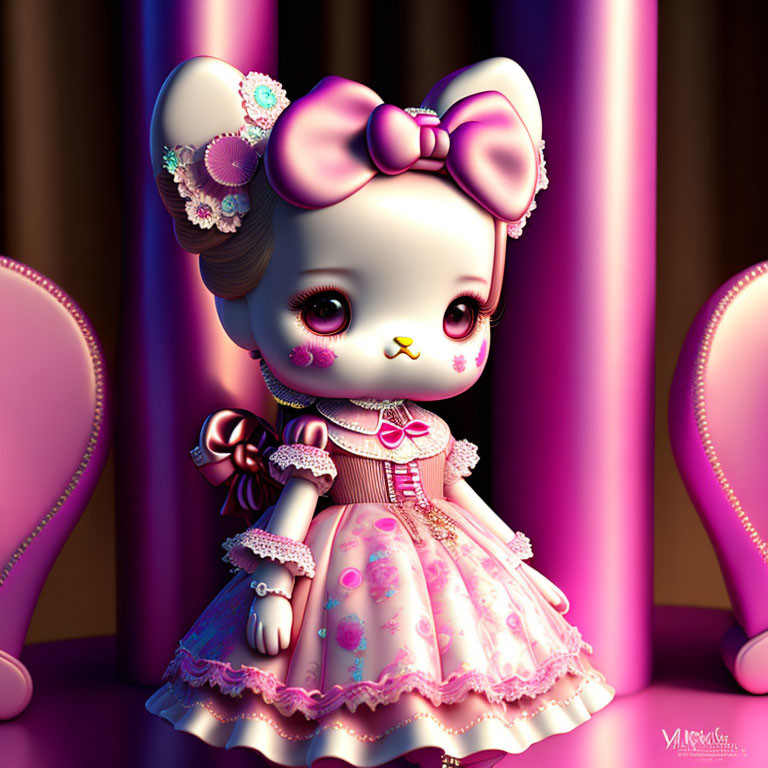 Stylized doll illustration with large bow and pink dress