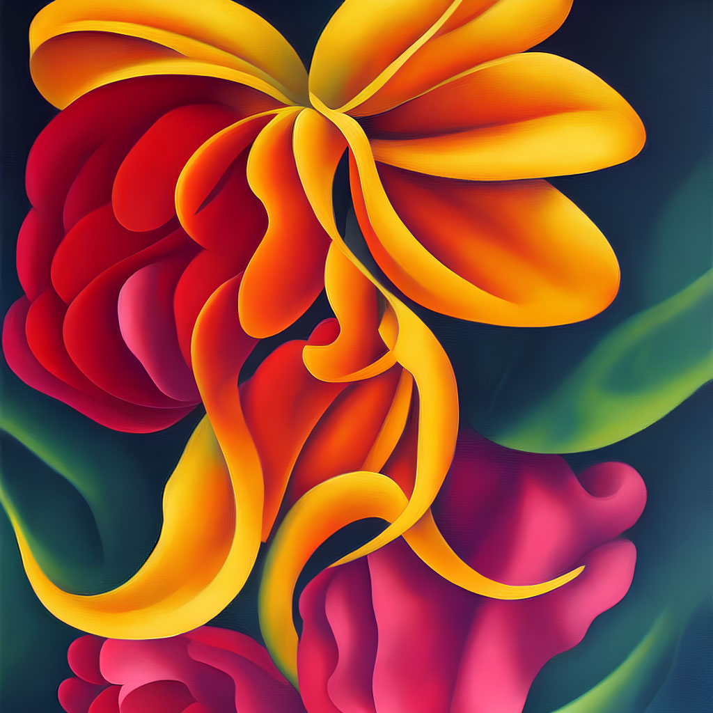 Colorful Abstract Floral Painting with Swirling Petals on Dark Background