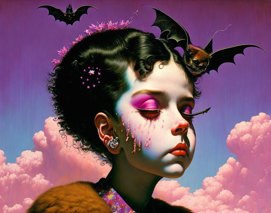 Surreal portrait featuring girl with closed eyes, purple eyeshadow, bats, and pink clouds