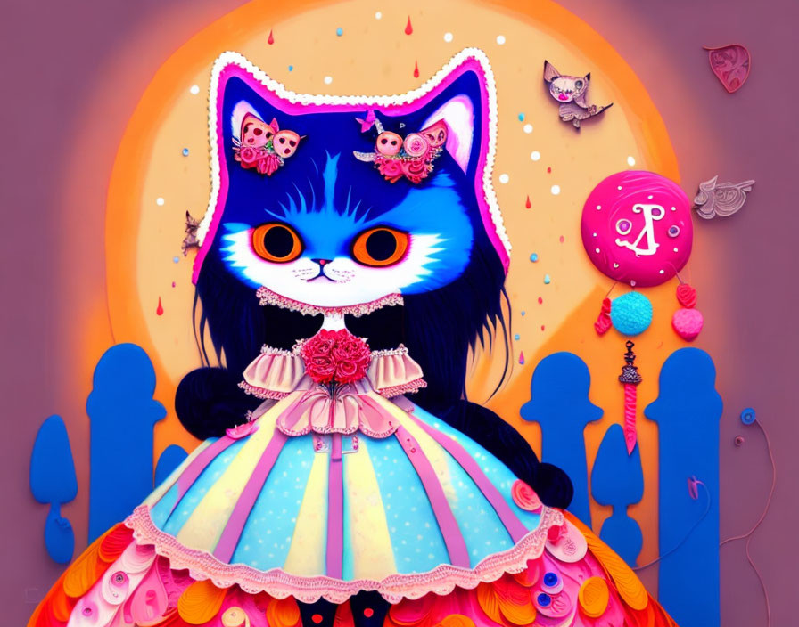 Colorful digital artwork: Stylized anthropomorphic cat with big blue eyes in frilly dress,