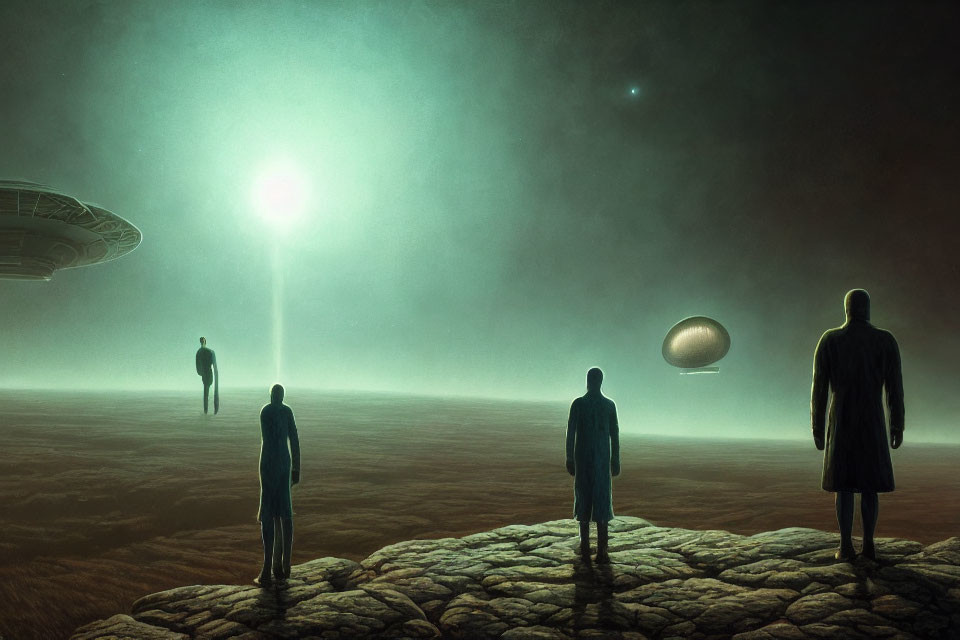Silhouetted figures on cracked ground observe UFOs under greenish sky with light beam