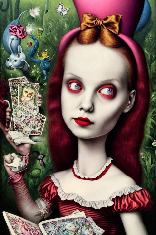 Surreal Character with Red Eyes Holding Playing Cards and Fantastical Creatures