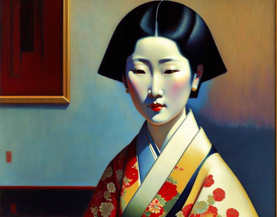 Geisha painting with bobbed hairstyle and kimono on red and blue backdrop