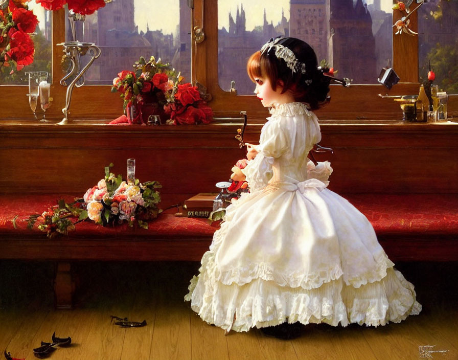 Young girl in white dress cutting string by Gothic architecture windowsill.