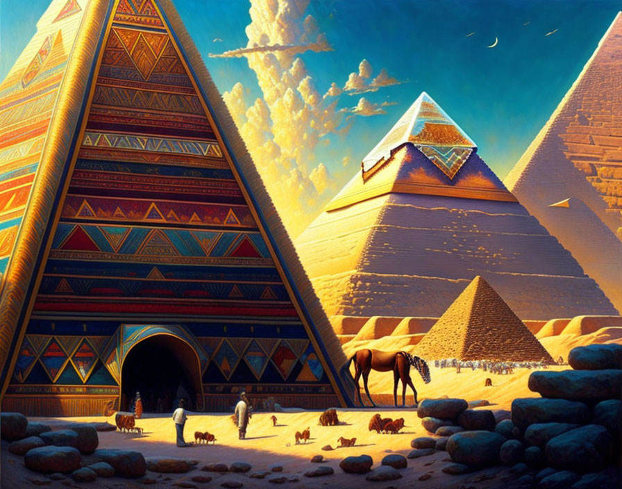 Ancient Egyptian pyramids with hieroglyphs, traditional attire, camel, vibrant sky