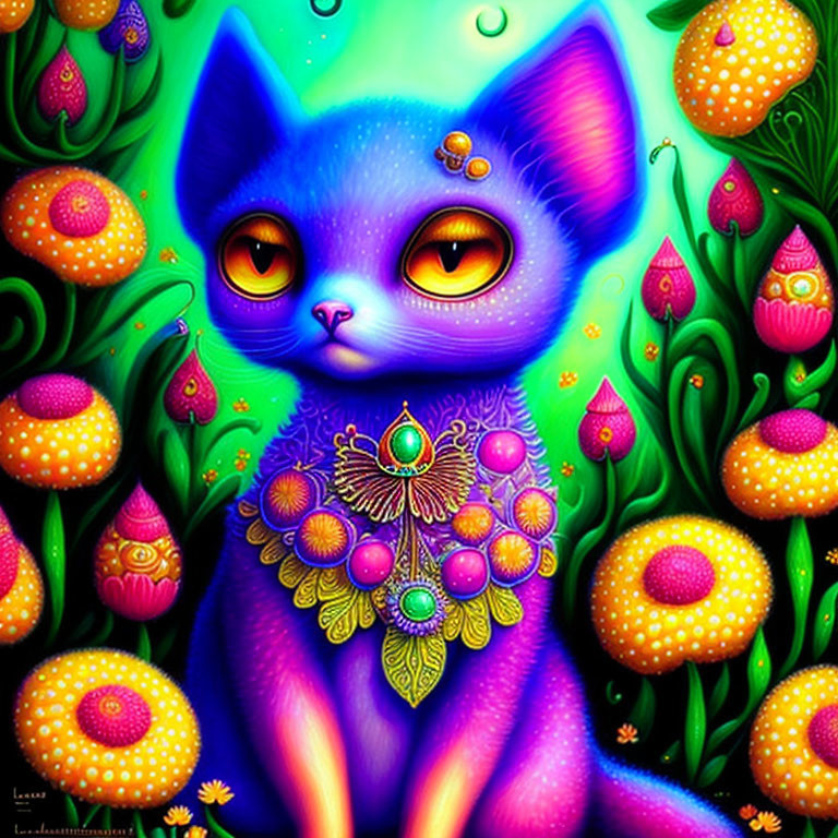 Colorful illustration of mystical blue cat with yellow eyes in whimsical flora.