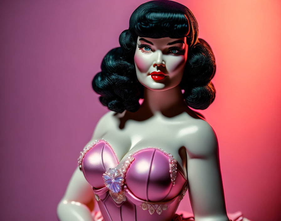 Vintage-style doll with black hair in pink corset on pink/red gradient.