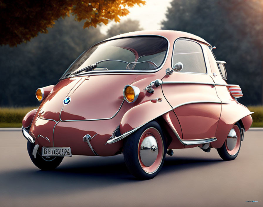 Vintage Red BMW Isetta Microcar with White-Wall Tires Outdoors