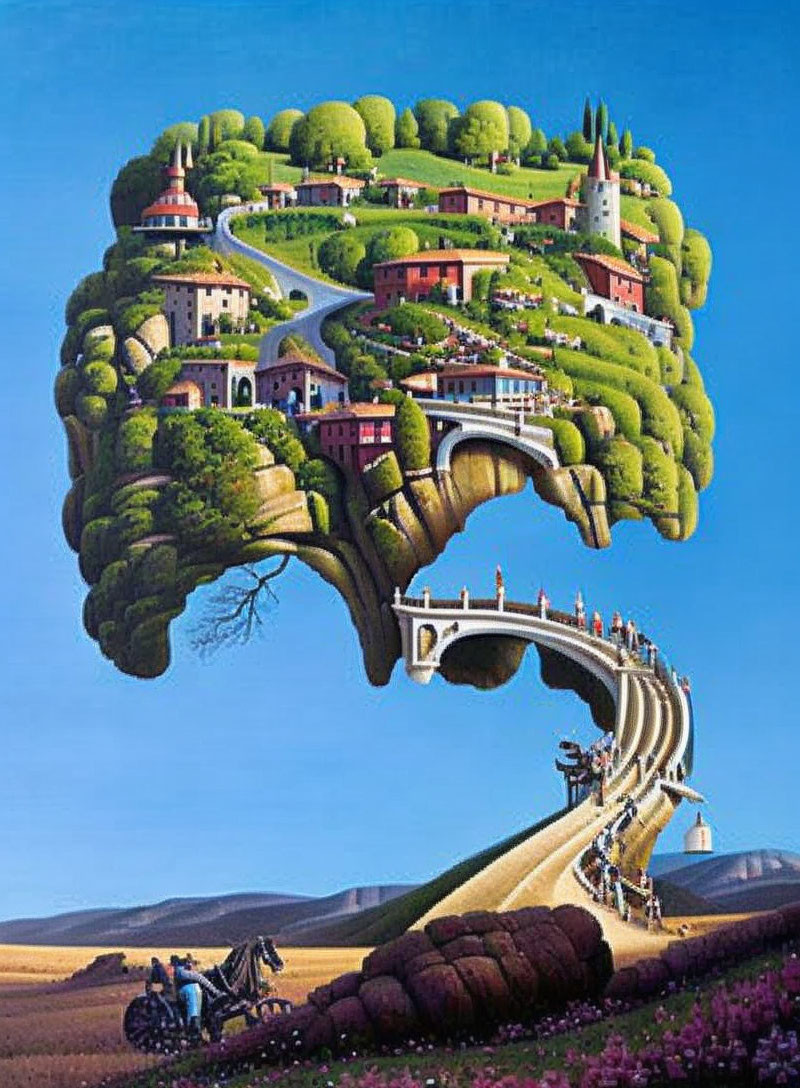 Surreal brain-shaped landscape with tree-covered houses, roads, bridge, and horse-drawn carriage