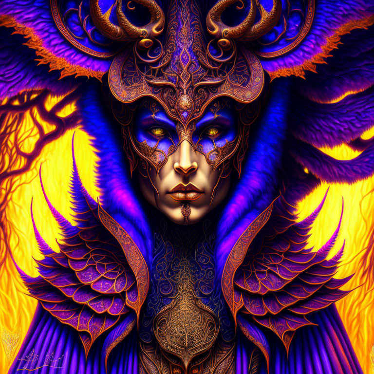 Regal figure with blue and gold face adornments in fiery and purple setting