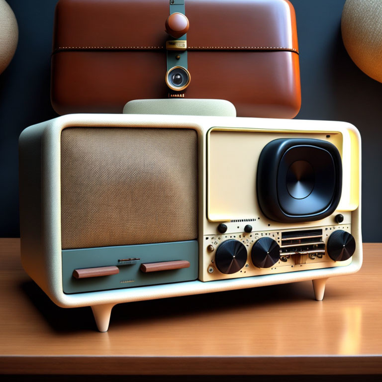 Vintage-style radio on wooden shelf with camera and travel case - a mix of retro and modern design