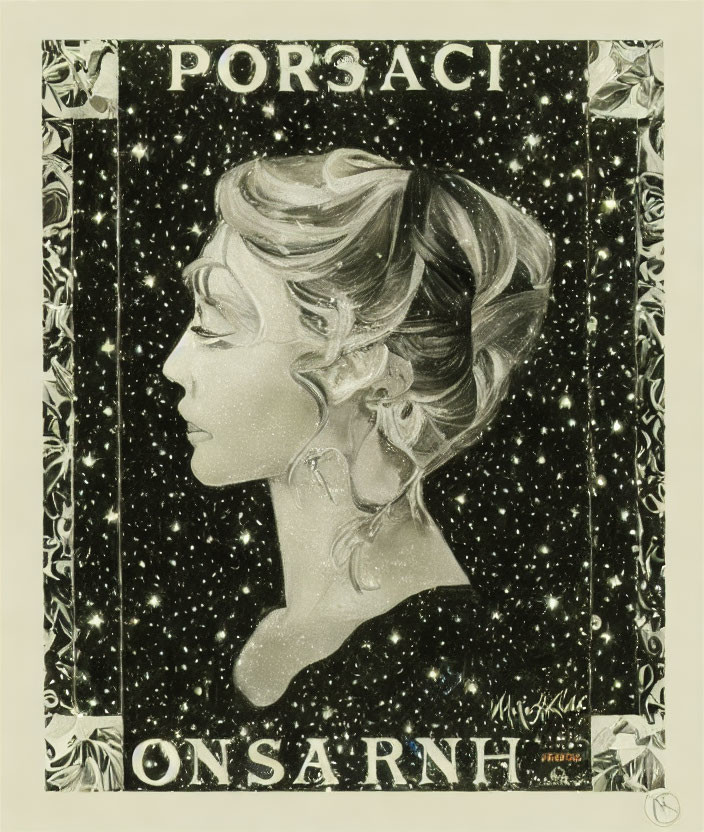 Vintage-style profile portrait of elegantly styled woman with "PORSACI" above and "ON