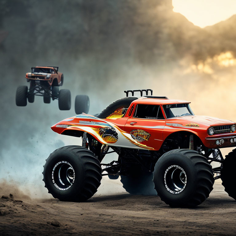Monster trucks racing: orange truck kicking up dust, other airborne.